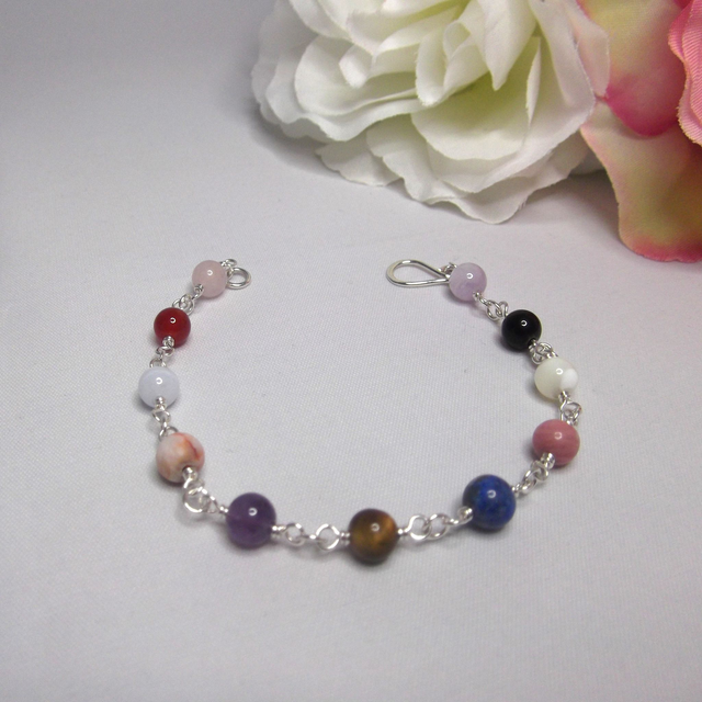 Mixed gemstone bead bracelet with recycled sterling silver wire wrapped links