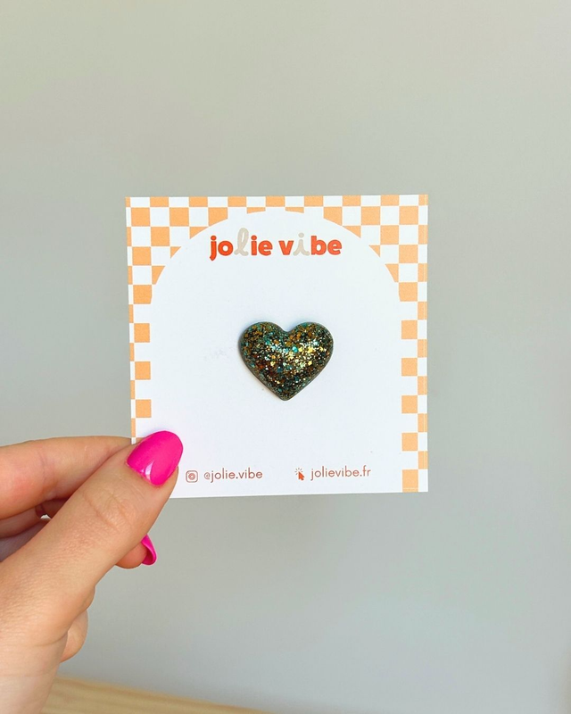 Coeur paillettes vertes et dorées - Pin's