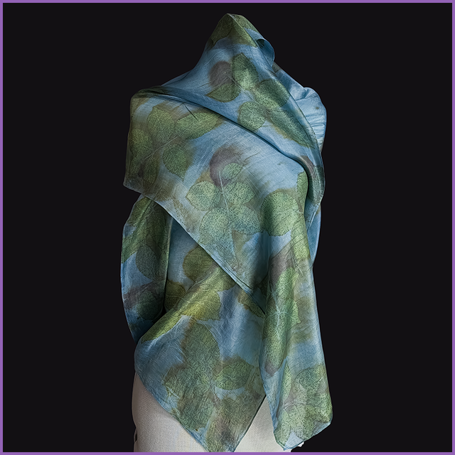 100% Silk Scarf - 150cm x 45cm - dyed with indigo and eco printed with rose leaves