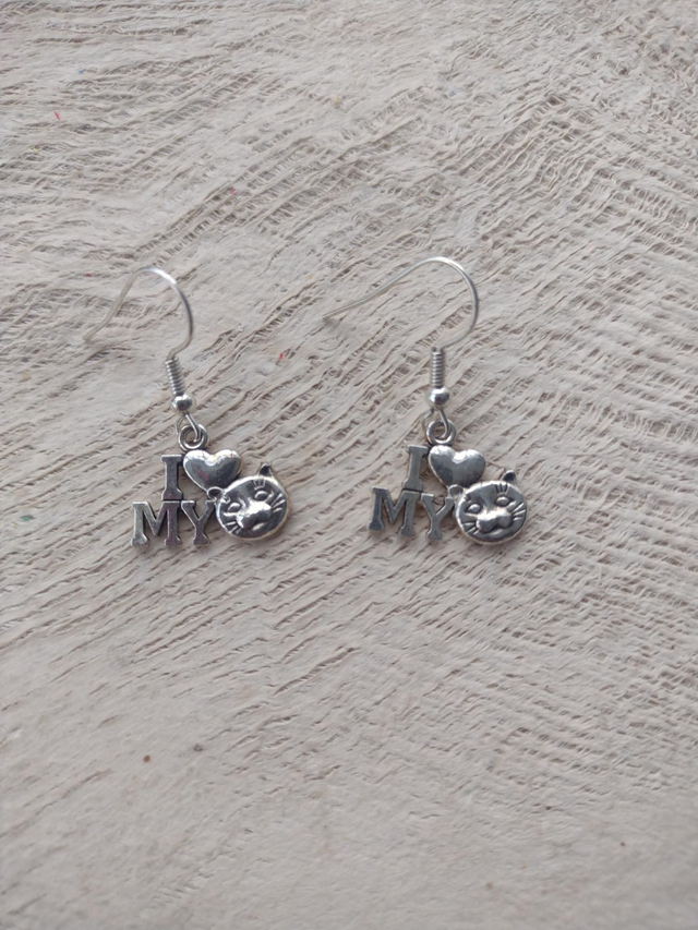 I love my cat silver charm drop Dangle earrings 