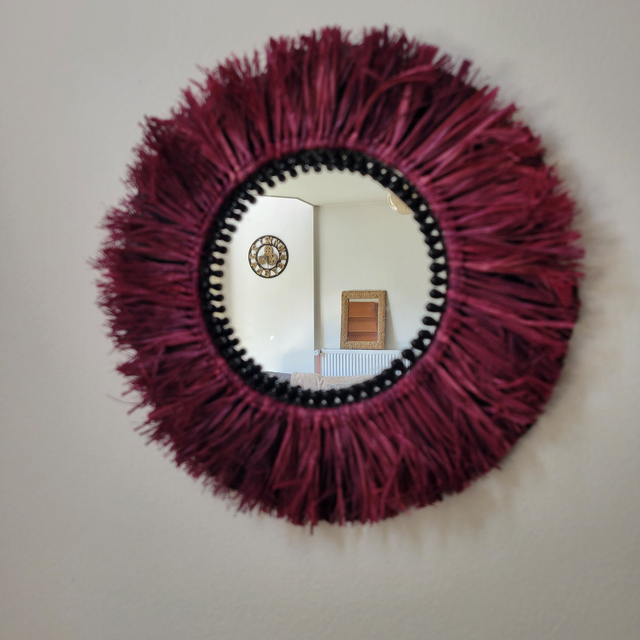Petit miroir rond en raphia naturel