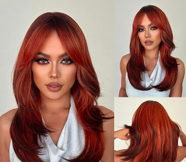 Rechte gelaagde synthetische pruik met pony (61cm) bruinrood