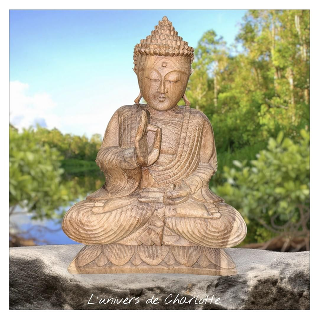 Statue &quot;Bouddha mandra&quot; 40 cm en bois sculpté à la main