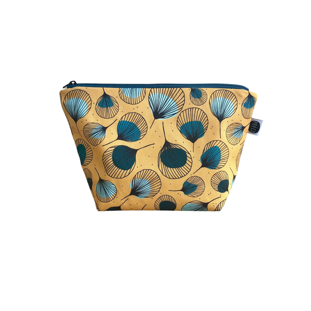Trousse de toilette - tissu intérieur imperméable - PLUMES vertes fond jaune