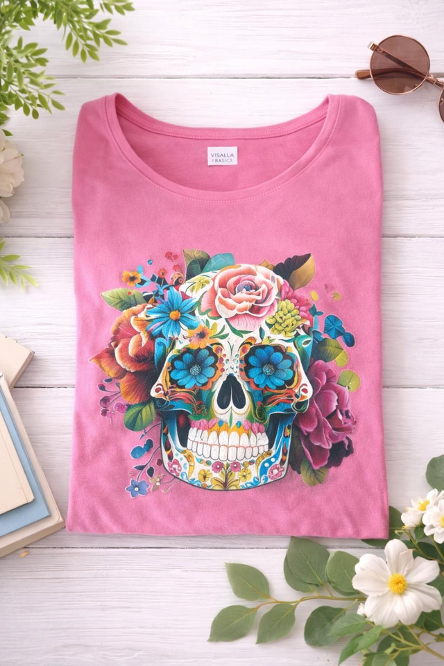 T-shirt Rose à Imprimé Crâne Fleuri 