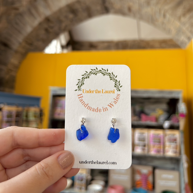 Blue Sea Glass Cubic Zirconia Stud Earrings
