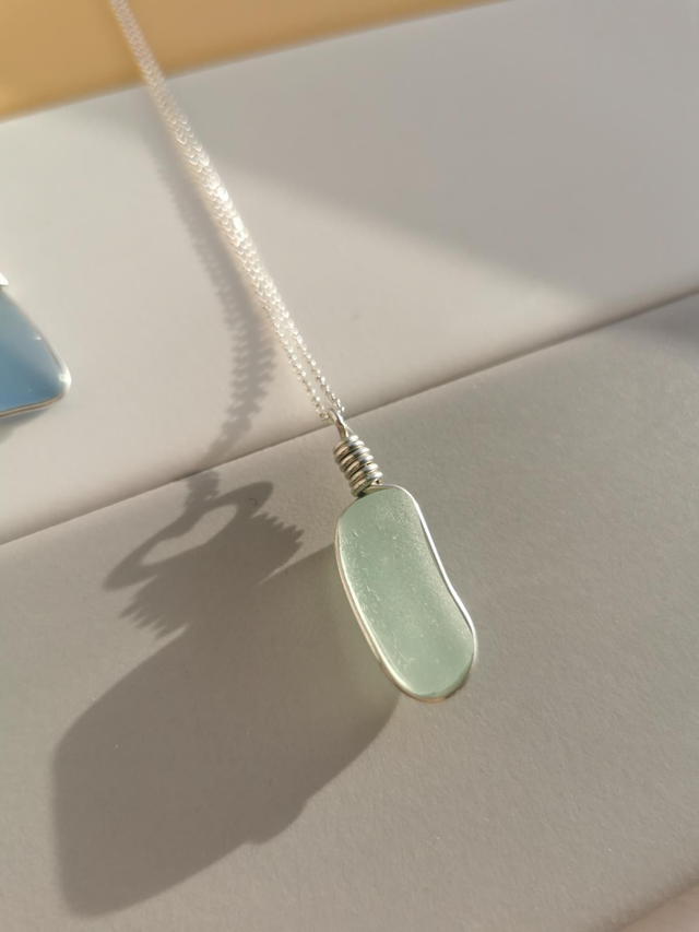 Pale blue long drop seaglass pendant 