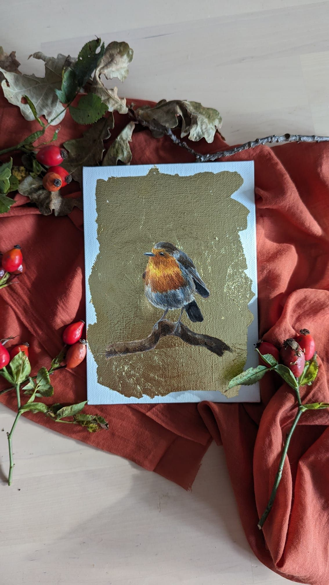 Peinture à l&#039;huile - Rouge-gorge sur fond d&#039;or