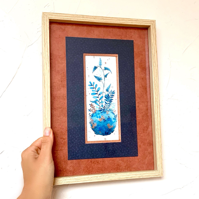 Cadre "Kokedama bleu et cuivré"