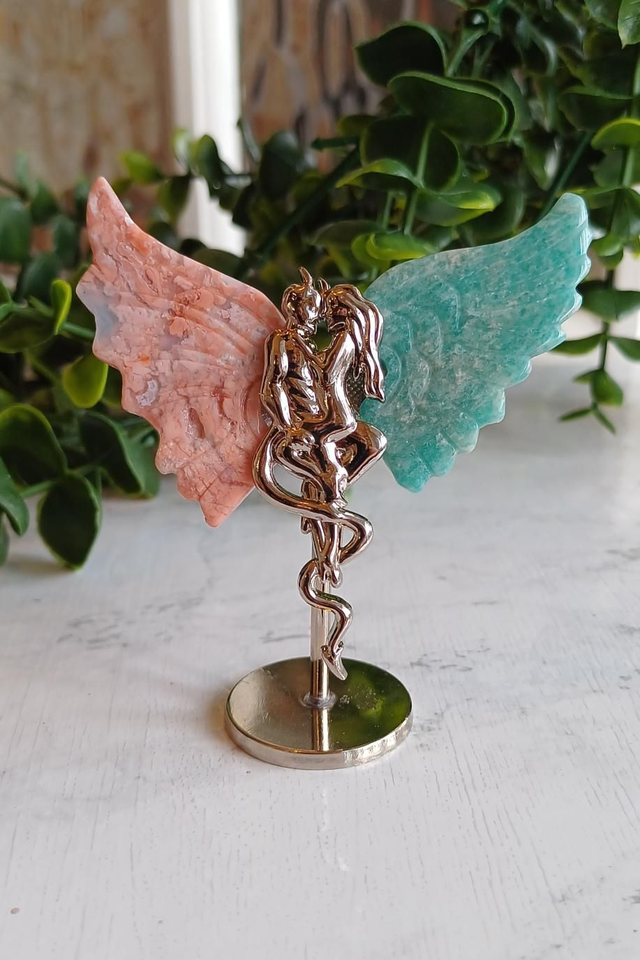 Pink Agate & Amazonite Angel and Demon Lover Wings on Stand 