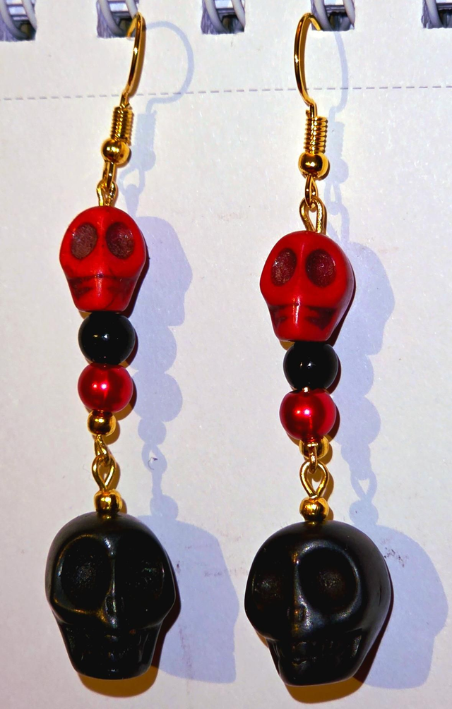 Black and Red Howlite Skull Gold Plated Earrings (nickel free) 