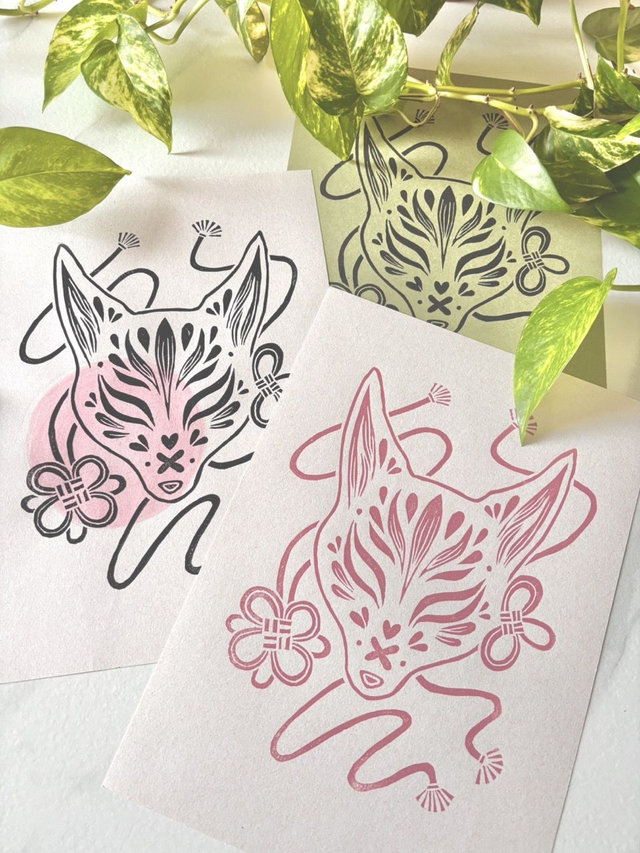 Spirit Behind the Mask ~ Linogravure A4