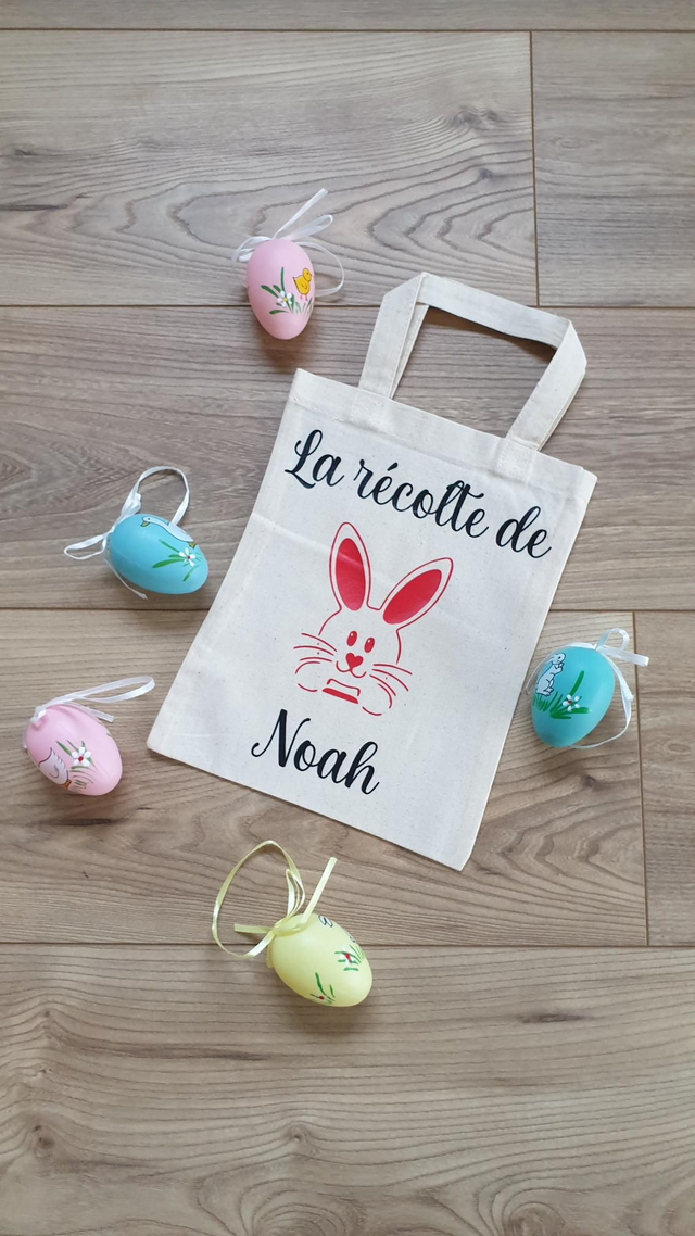 Sac de pâques lapin rouge écriture noire 
