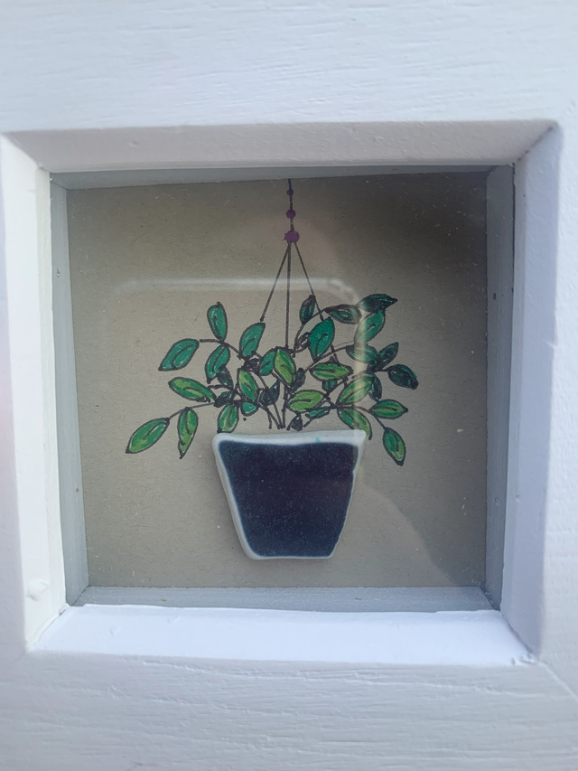 Found Sea Pottery and Drawn Hanging Basket Picture in Deep Frame approx. 10.5cm x 10.5cm (230205)
