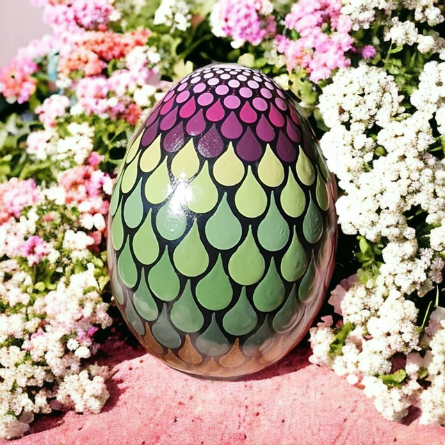 Oeuf en plâtre personnalisé en pointillisme prune et vert,  décoration de pâques 