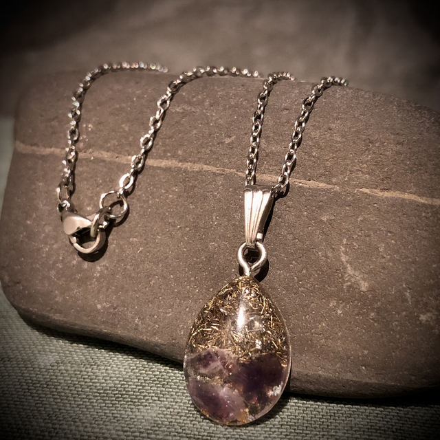 Crystal Energy Teardrop Pendant with Amethyst Quartz/metal shavings (small)