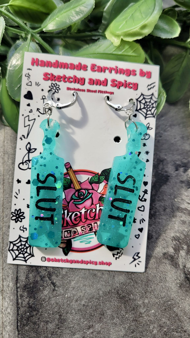 Earrings | SLUT Paddle Earrings Teal Blue Glitter &amp; Black Text | Stainless Steel Hooks