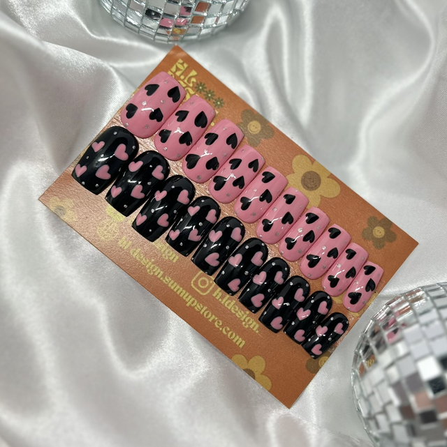 Adult Black and Pink Long Square Press-on Nails