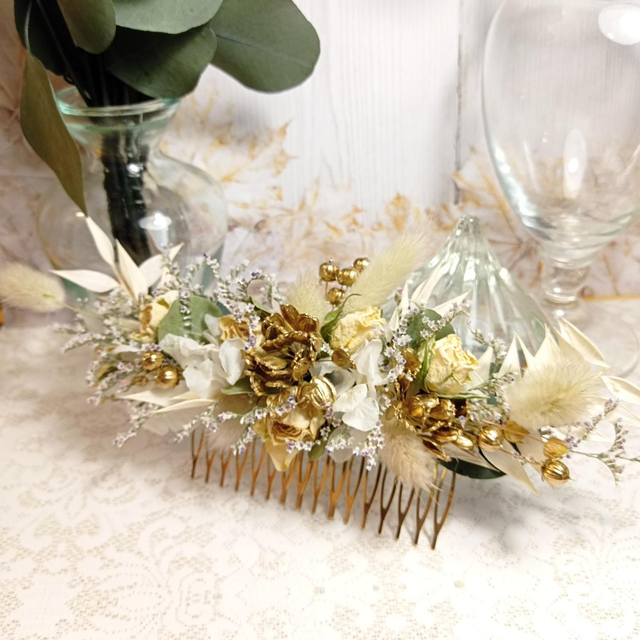 Grand peigne de mariée Blanc Doré 