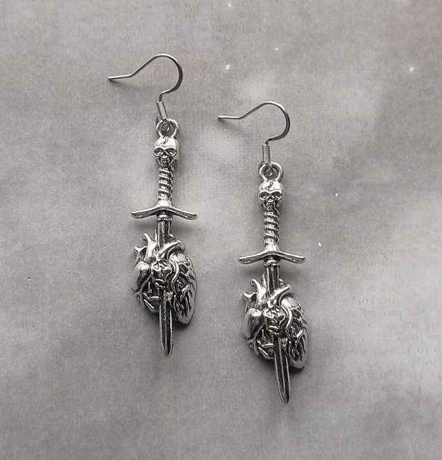 Skull Sword Through Anatomical Heart Earrings 