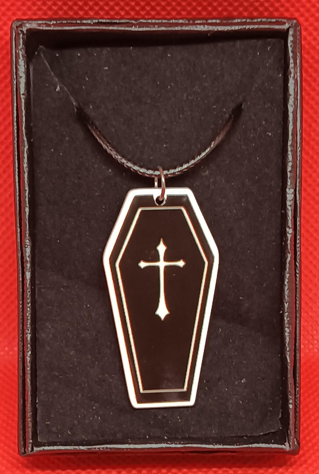 Plastic Coffin With Cross Pendant Necklace.