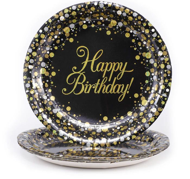 PLATES HAPPY BIRTHDAY SPARKLING FIZZ BLACK &amp; GOLD 9" 23CM 8PCS