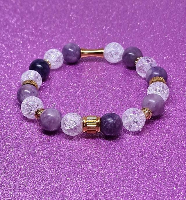 Bracelet Lépidolite et Cristal de roche craquelé en 1cm 
