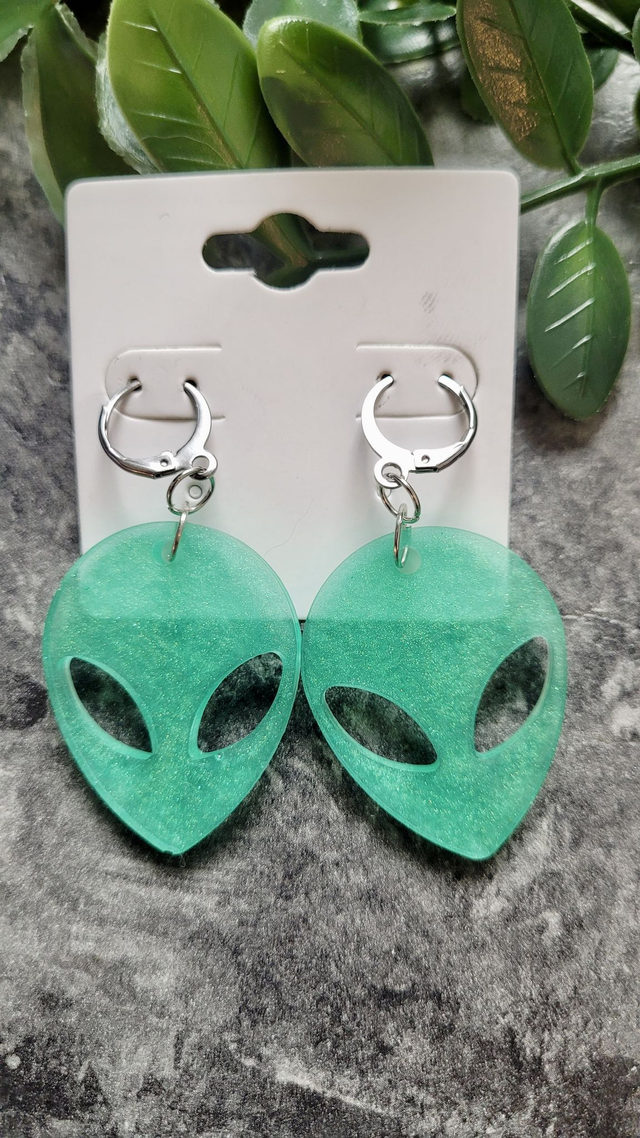 Earrings | Green Shimmer Alien Head | Stainless Steel Hoops