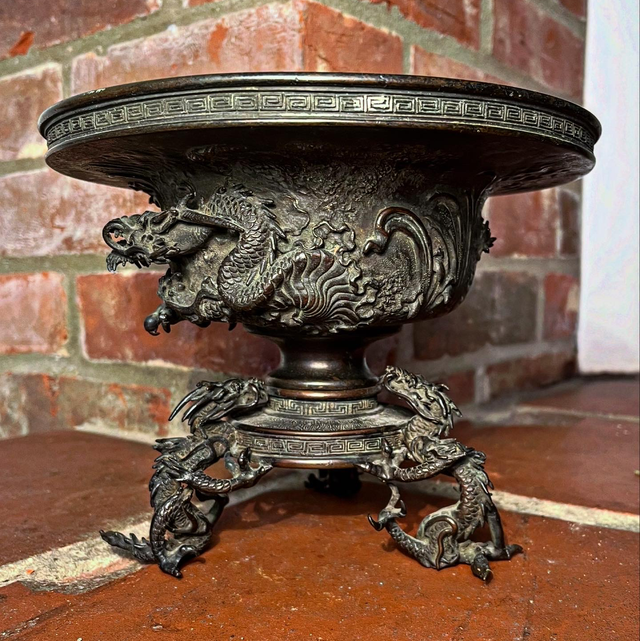 Japanese Bronze Three-part Censer Bowl Featuring Prominent Dragon Motifs, Signed By Watakumo Chûzo