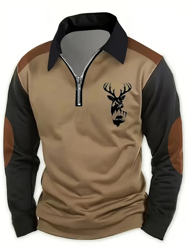 Men's Casual Deer Print Half-Zip Patchwork Polo Shirt 