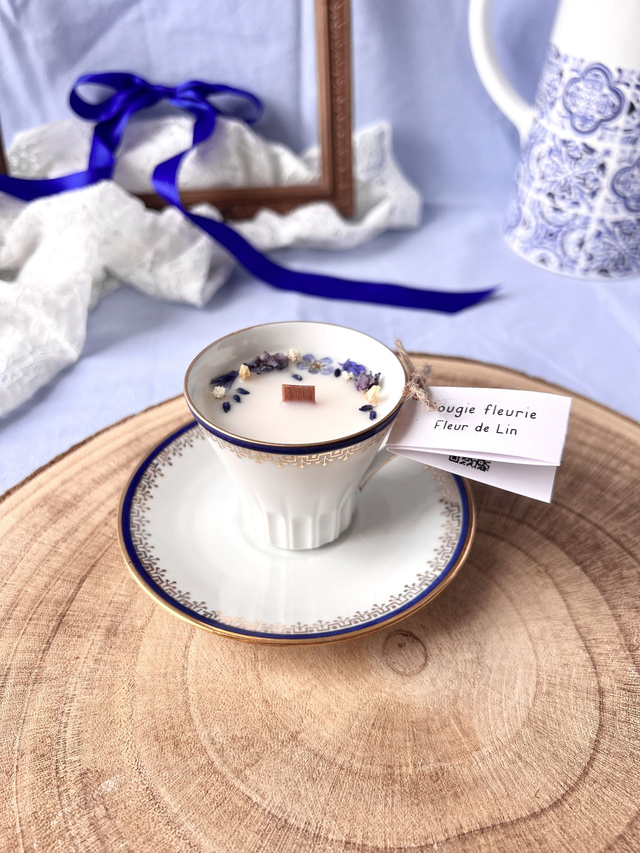 💙 Bougie Fleur de Lin - tasse à café "frise or et liseré bleu" en porcelaine avec sous tasse
