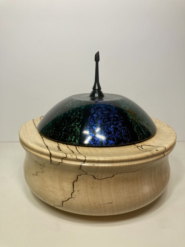 Spalted beech finial pot with hand painted iridescent lid