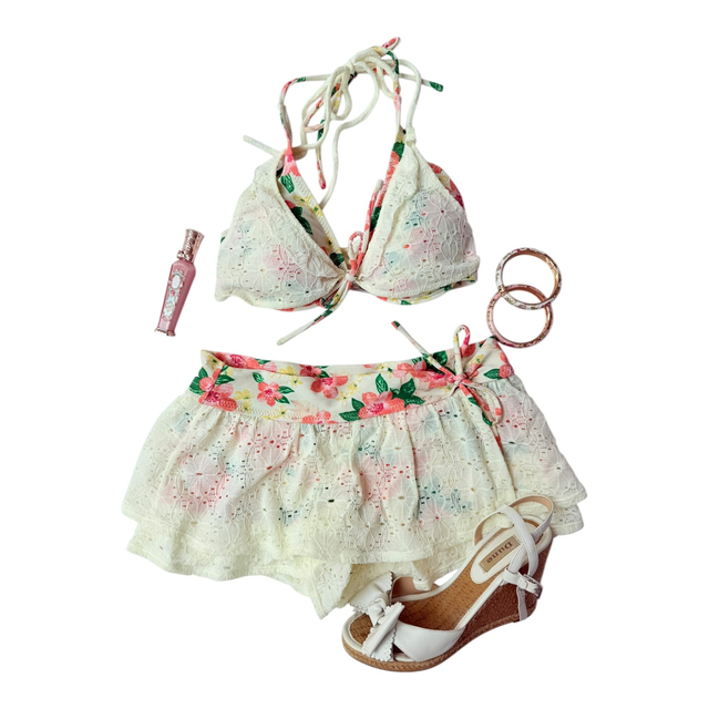 BNWT coquette pink and cream lace floral polka dot japanese 3 piece bikini set