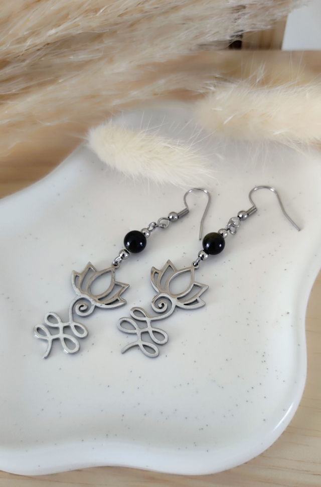 Boucles d'oreilles Fleur de lotus et Obsidienne dorée