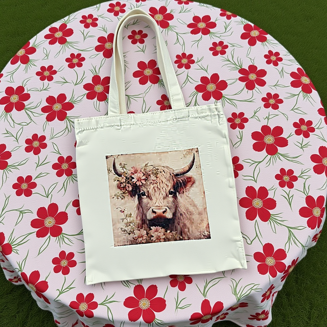 A tote bag with a highland cattle theme surrounded by pastel pink flowers, polyester canvas size H33cm xW29cm medium 