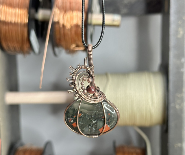 Bloodstone pure copper wrapped pendant