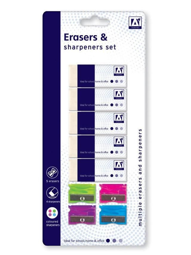A Star 9 Piece Pencil Eraser And Sharpener Set, Multi