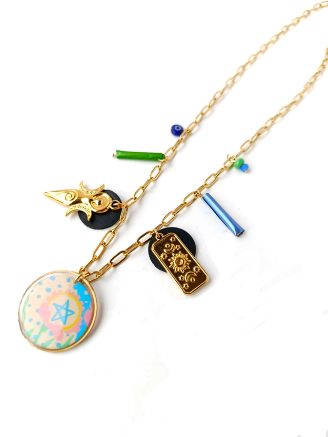 Collier à Breloques Upcyclé Carte de Tarot, Chambre à Air &amp; Aluminium Recyclés - Pentagramme 