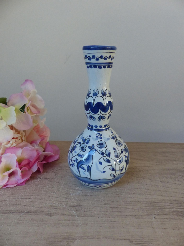 Vase en céramique Oiseau et Biche Bleus Peint Main Portugal, Vase en Céramique Animal, Vase Forme Coloquinte Décoration Intérieur Cadeau