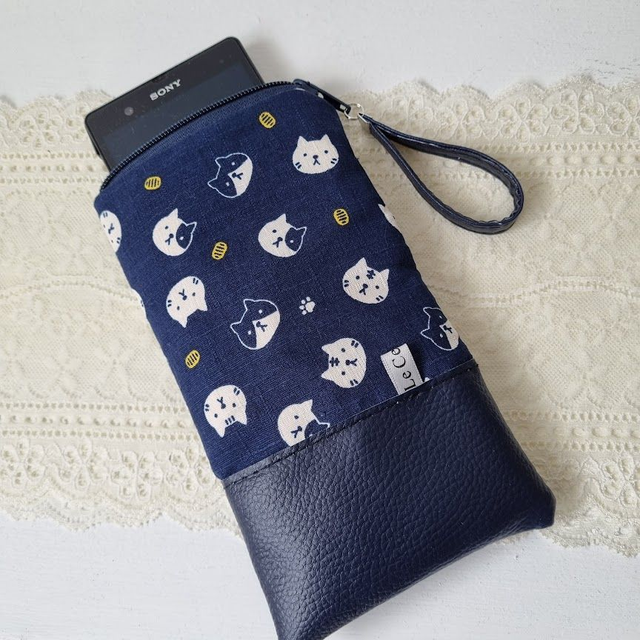 Etui zippé pour smartphone "Koneko" simili cuir bleu marine