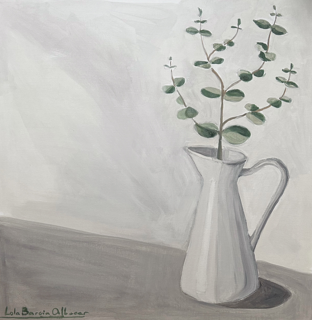 Óleo sobre tabla entelada. Jarrón con eucalipto. Estudio en blanco