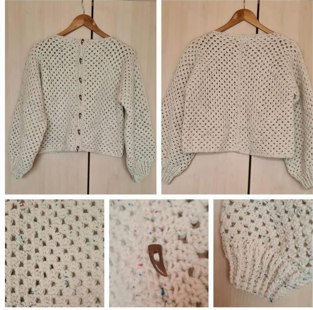 Hexagon crochet short cropped cardigan Nidderdale 20% wool flecked yarn