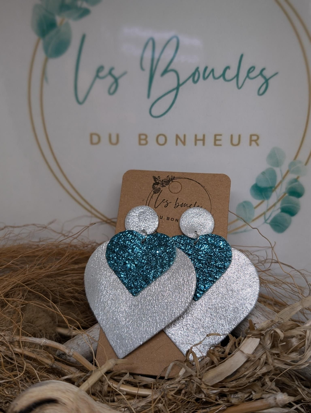 Boucles d&#039;oreilles Double coeur  argenté bleu dc057