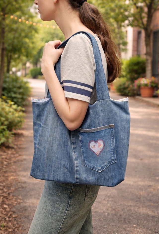 Handmade denim tote bag with appliqué pocket
