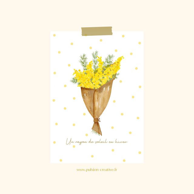 Carte postale aquarelle - Bouquet de mimosa