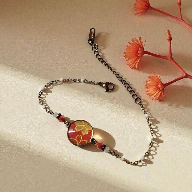 bracelet acier inoxydable motifs japonais corail et argenté