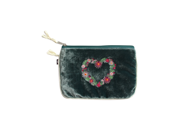Earth Squared Silk Velvet Embroidered Heart Cosmetic Purse