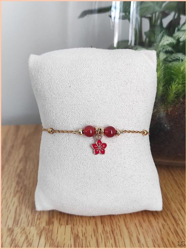Bracelet chaîne duo avec fleur - Agate rouge 