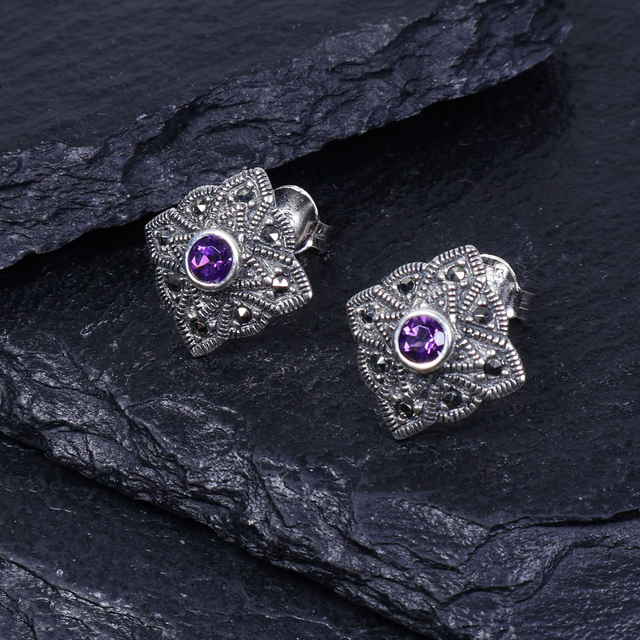 Pair of Vintage Sterling Silver 925 Art Deco Style Small Round Cut Purple Amethyst Marcasite Gemstone February Birthstone Stud Earrings