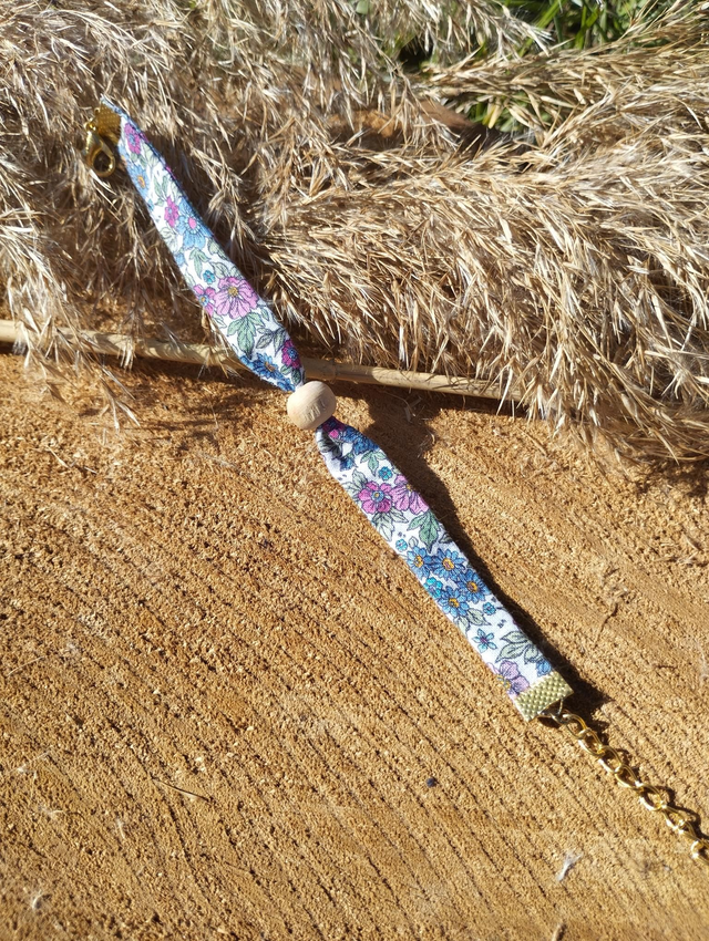 Bracelet large en tissus 1 perle de bois - motif Liberty